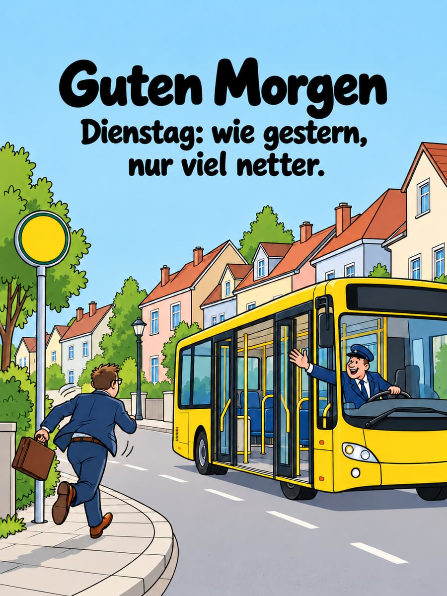 Guten-Morgen-Bild zum Dienstag mit dem Text „Guten Morgen“ und „Dienstag: wie gestern, nur viel netter.“ – Motiv: Bus, Bushaltestelle, Kleinstadt, Dienstag