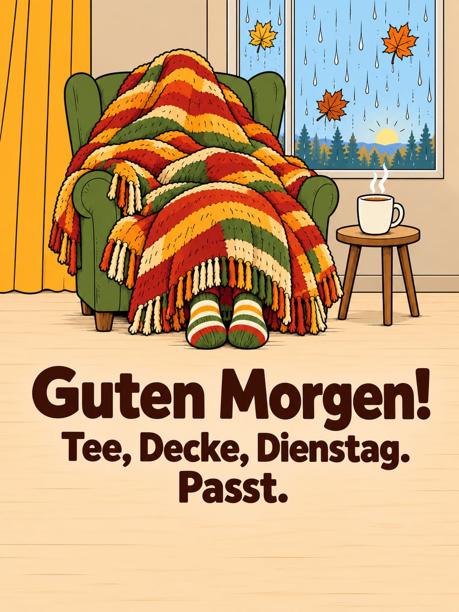 Guten-Morgen-Bild zum Dienstag mit dem Text „Guten Morgen!“ und „Tee, Decke, Dienstag. Passt.“ – Motiv: Kuscheldecke, Tee, Wollsocken, Regen