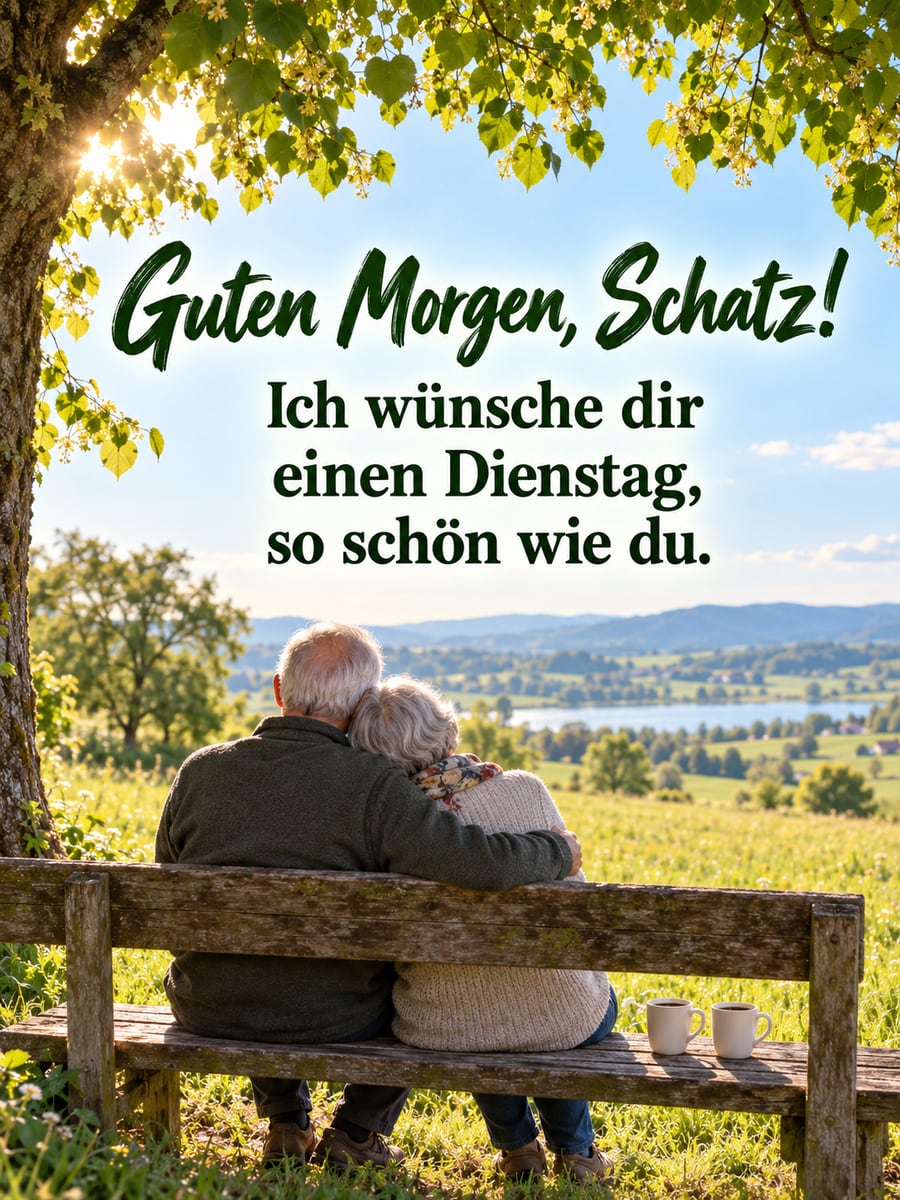 Guten-Morgen-Bild zum Dienstag mit dem Text „Guten Morgen, Schatz!“ und „Ich wünsche dir einen Dienstag, so schön wie du.“ – Motiv: Ehepaar, Bank, Linde, Zweisamkeit