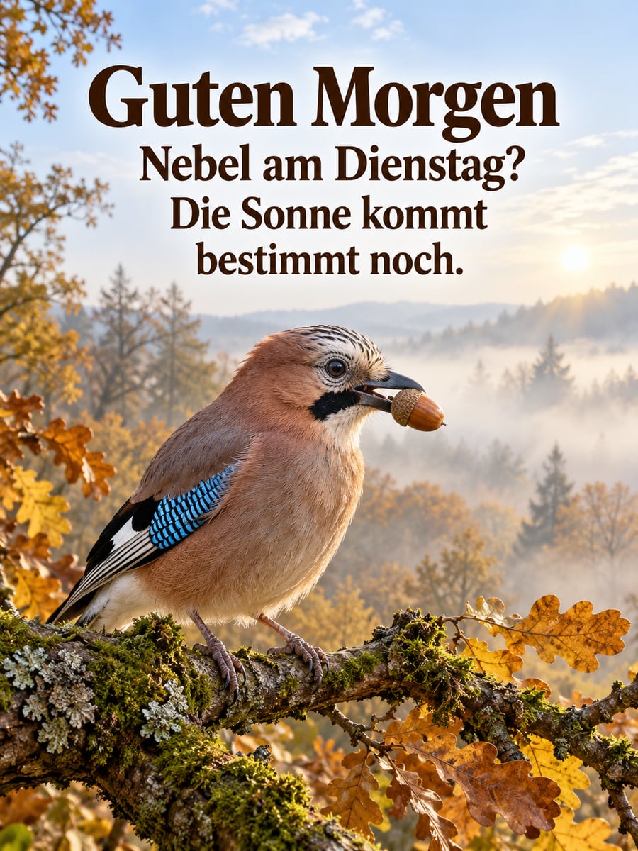 Guten-Morgen-Bild zum Dienstag mit dem Text „Guten Morgen“ und „Nebel am Dienstag? Die Sonne kommt bestimmt noch.“ – Motiv: Eichelhäher, Eichel, Eiche, Herbstnebel