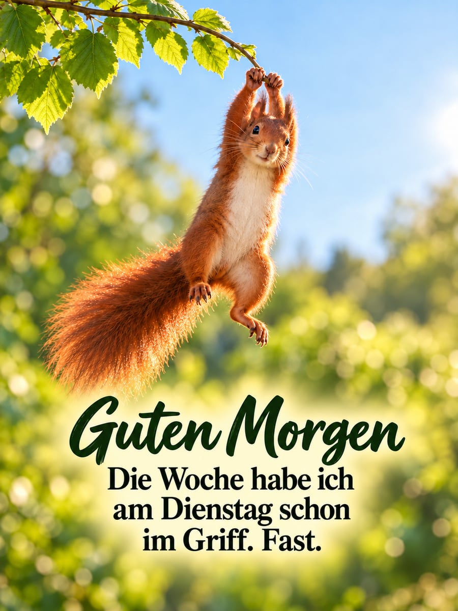 Guten-Morgen-Bild zum Dienstag mit dem Text „Guten Morgen“ und „Die Woche habe ich am Dienstag schon im Griff. Fast.“ – Motiv: Eichhörnchen, Haselzweig, Dienstag, Ast