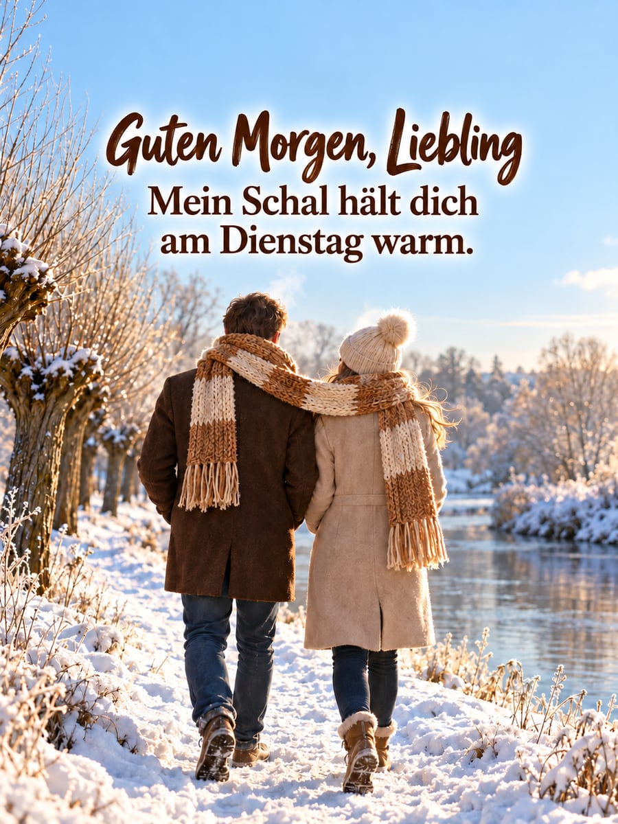 Guten-Morgen-Bild zum Dienstag mit dem Text „Guten Morgen, Liebling“ und „Mein Schal hält dich am Dienstag warm.“ – Motiv: Schal, Paar, Kopfweiden, Winterspaziergang