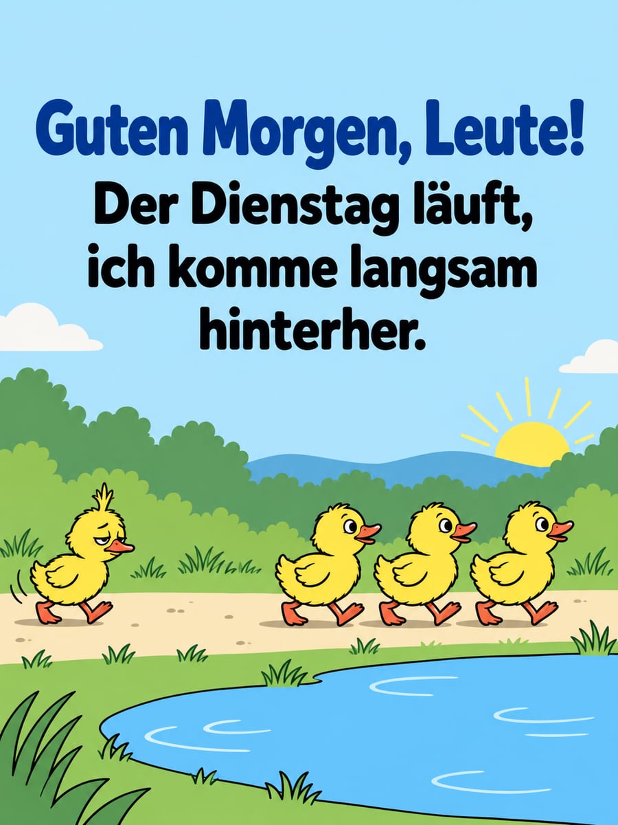 Guten-Morgen-Bild zum Dienstag mit dem Text „Guten Morgen, Leute!“ und „Der Dienstag läuft, ich komme langsam hinterher.“ – Motiv: Entenküken, Gänsemarsch, Teich, Nachzügler