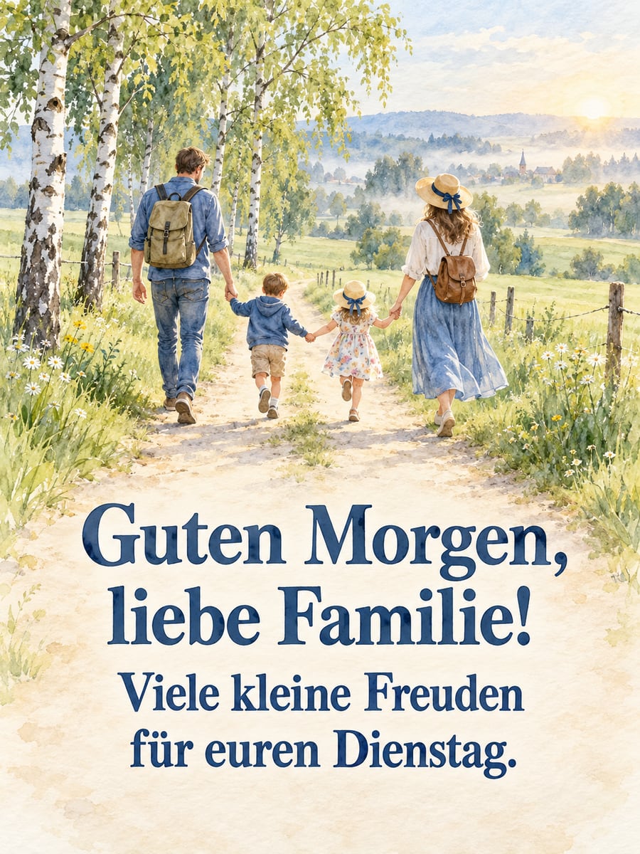 Guten-Morgen-Bild zum Dienstag mit dem Text „Guten Morgen, liebe Familie!“ und „Viele kleine Freuden für euren Dienstag.“ – Motiv: Familie, Feldweg, Birken, Spaziergang