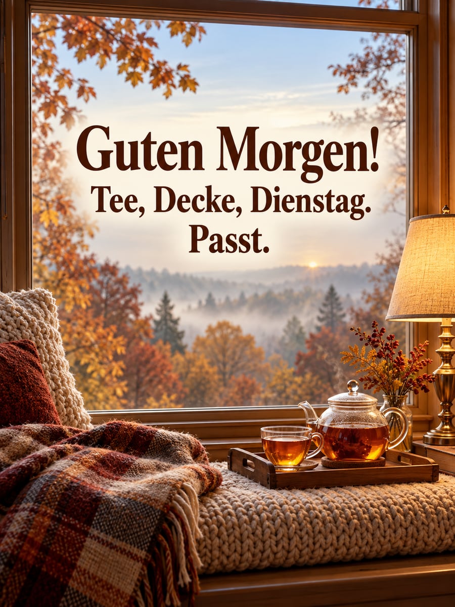 Guten-Morgen-Bild zum Dienstag mit dem Text „Guten Morgen!“ und „Tee, Decke, Dienstag. Passt.“ – Motiv: Leselampe, Tee, Fensterplatz, Herbstnebel