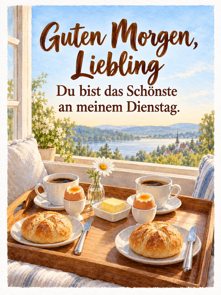 Guten-Morgen-Bild zum Dienstag mit dem Text „Guten Morgen, Liebling“ und „Du bist das Schönste an meinem Dienstag.“ – Motiv: Frühstückstablett, Frühstücksei, Brötchen, Zweisamkeit