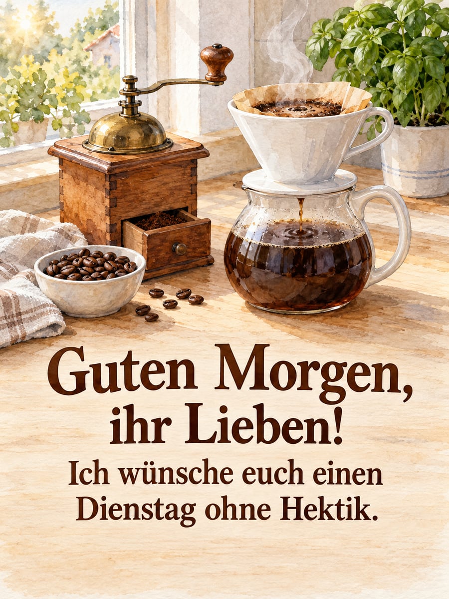 Guten-Morgen-Bild zum Dienstag mit dem Text „Guten Morgen, ihr Lieben!“ und „Ich wünsche euch einen Dienstag ohne Hektik.“ – Motiv: Kaffeemühle, Handfilter, Kaffeebohnen, Kaffeekanne, Ruhe