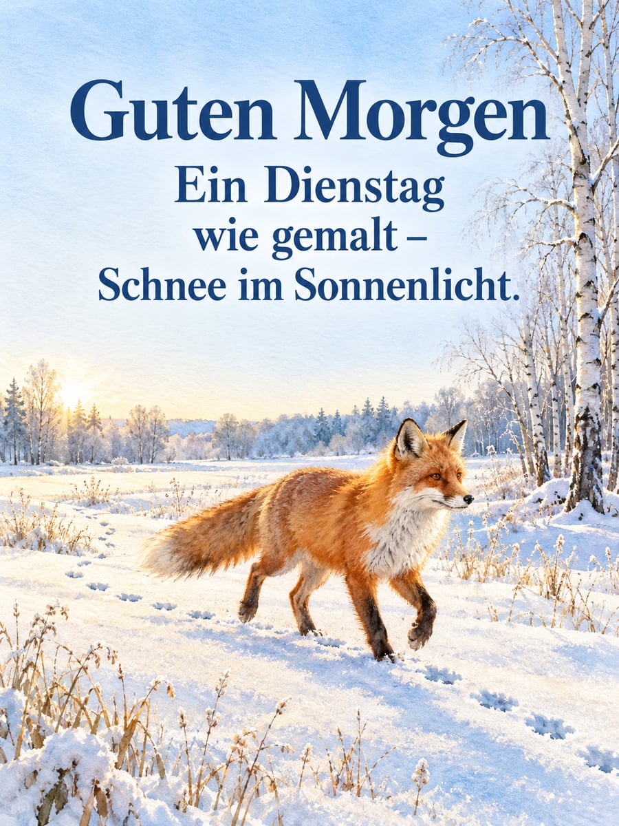 Guten-Morgen-Bild zum Dienstag mit dem Text „Guten Morgen“ und „Ein Dienstag wie gemalt – Schnee im Sonnenlicht.“ – Motiv: Fuchs, Schnee, Sonnenlicht, Birken