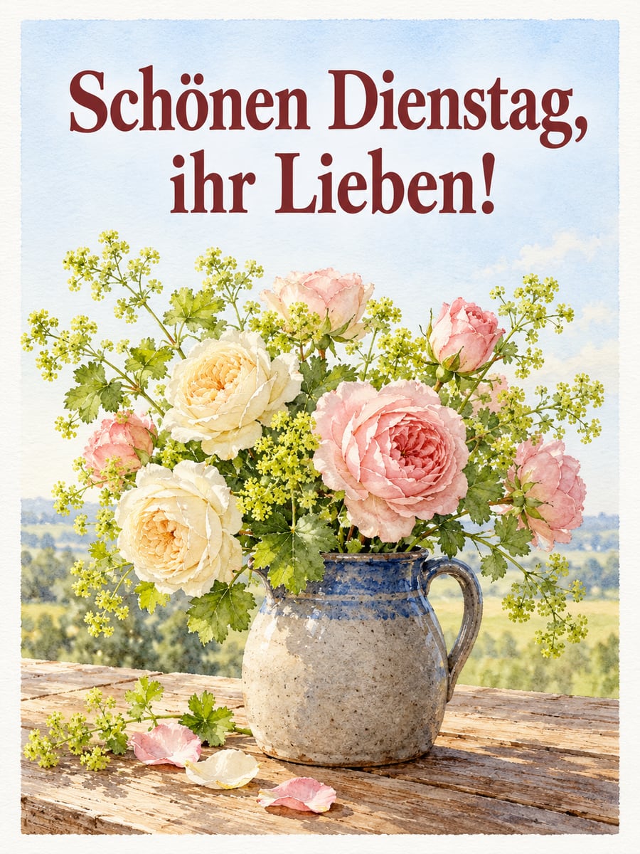 Guten-Morgen-Bild zum Dienstag mit dem Text „Schönen Dienstag, ihr Lieben!“ – Motiv: Gartenrosen, Frauenmantel, Steinzeugkrug, Blumenstrauß