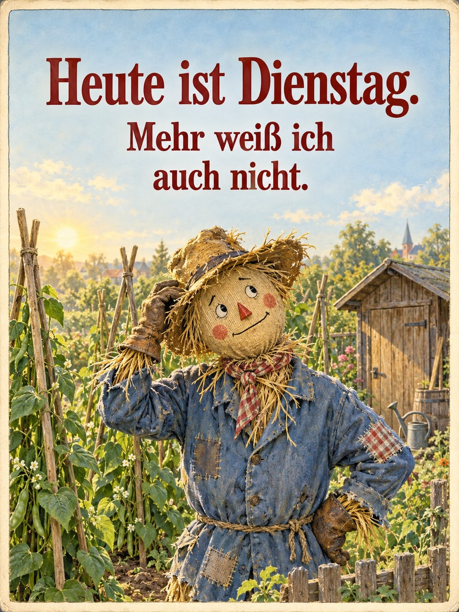 Guten-Morgen-Bild zum Dienstag mit dem Text „Heute ist Dienstag.“ und „Mehr weiß ich auch nicht.“ – Motiv: Vogelscheuche, Schrebergarten, Bohnenstangen, Ratlos