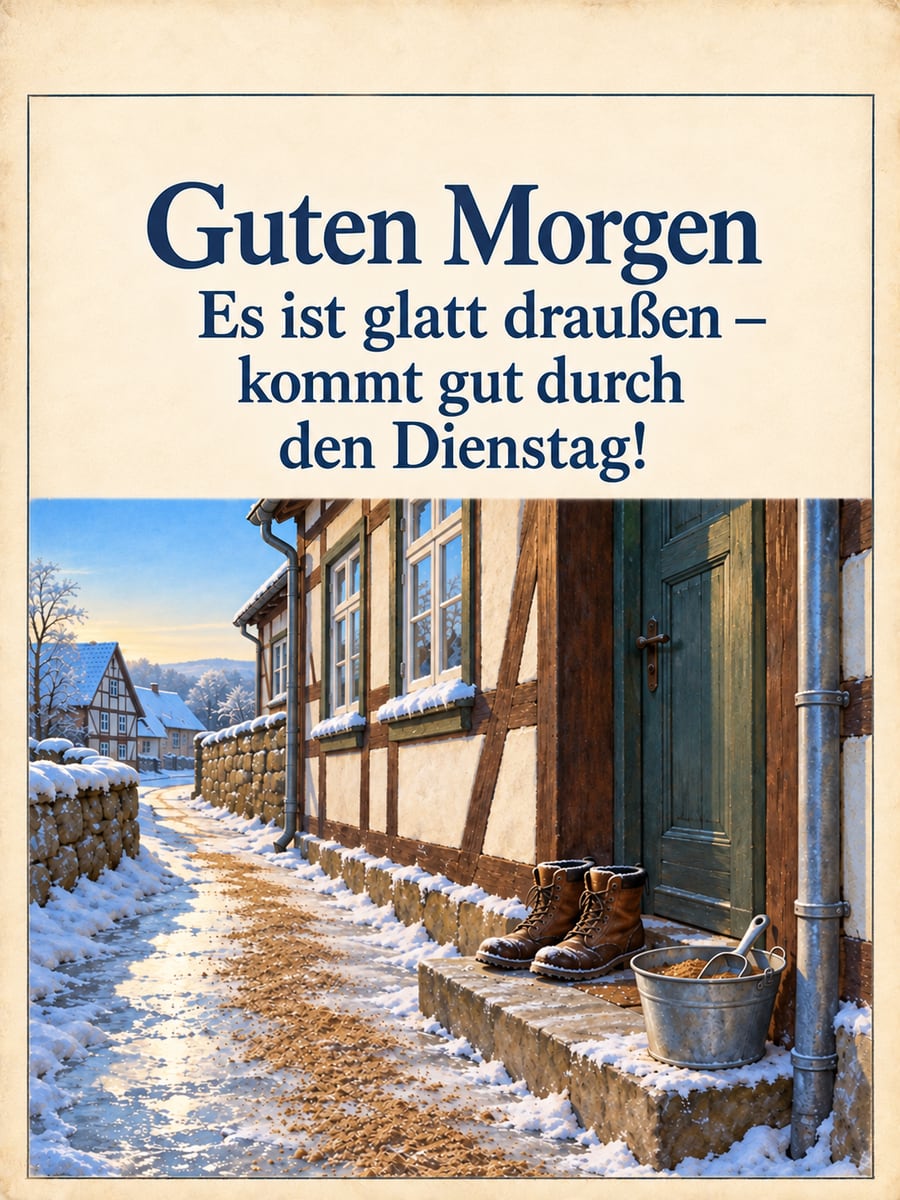 Guten-Morgen-Bild zum Dienstag mit dem Text „Guten Morgen“ und „Es ist glatt draußen – kommt gut durch den Dienstag!“ – Motiv: Glatteis, Streusand, Winterstiefel, Fachwerkhaus