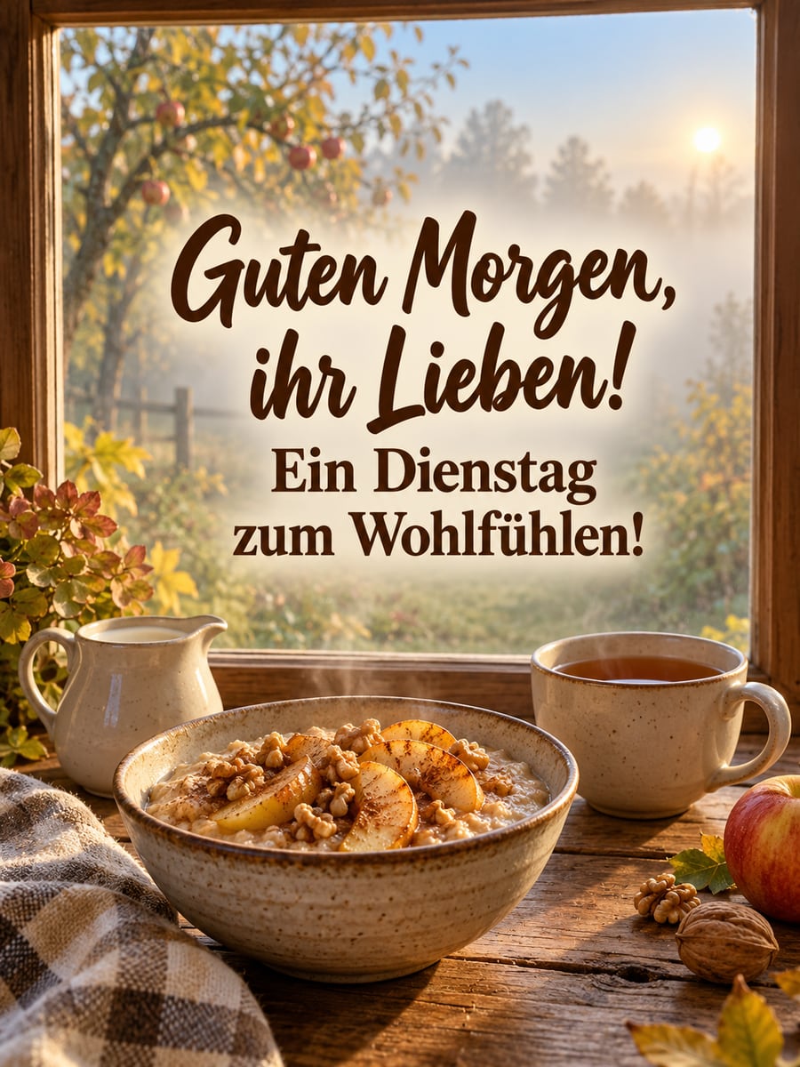 Guten-Morgen-Bild zum Dienstag mit dem Text „Guten Morgen, ihr Lieben!“ und „Ein Dienstag zum Wohlfühlen!“ – Motiv: Haferbrei, Bratapfel, Tee, Herbstnebel
