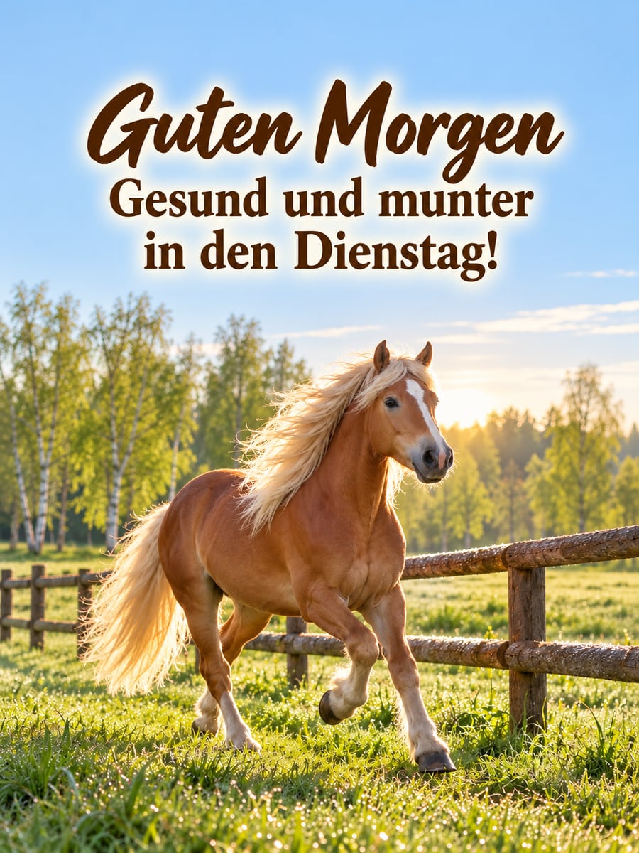 Guten-Morgen-Bild zum Dienstag mit dem Text „Guten Morgen“ und „Gesund und munter in den Dienstag!“ – Motiv: Haflinger, Pferd, Koppel, Morgentau