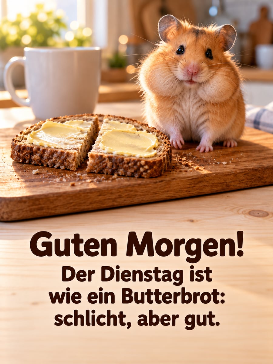 Guten-Morgen-Bild zum Dienstag mit dem Text „Guten Morgen!“ und „Der Dienstag ist wie ein Butterbrot: schlicht, aber gut.“ – Motiv: Hamster, Butterbrot, Frühstücksbrett, Küche