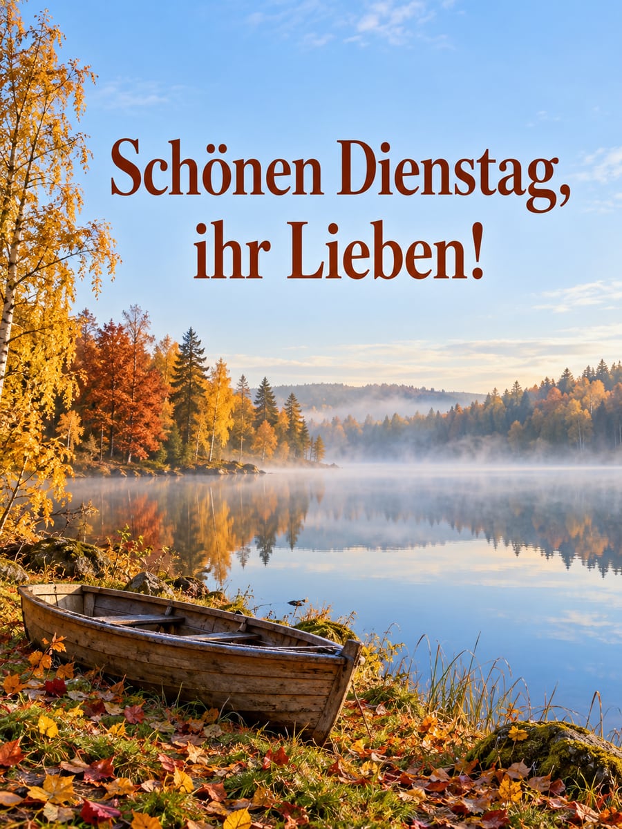 Guten-Morgen-Bild zum Dienstag mit dem Text „Schönen Dienstag, ihr Lieben!“ – Motiv: Herbst, See, Nebel, Ruderboot, Laub
