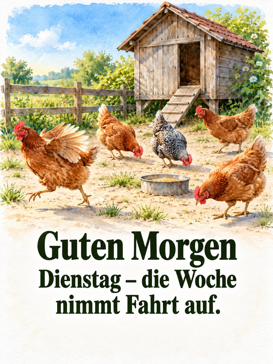 Guten-Morgen-Bild zum Dienstag mit dem Text „Guten Morgen“ und „Dienstag – die Woche nimmt Fahrt auf.“ – Motiv: Hühner, Hühnerstall, Hof, Morgen
