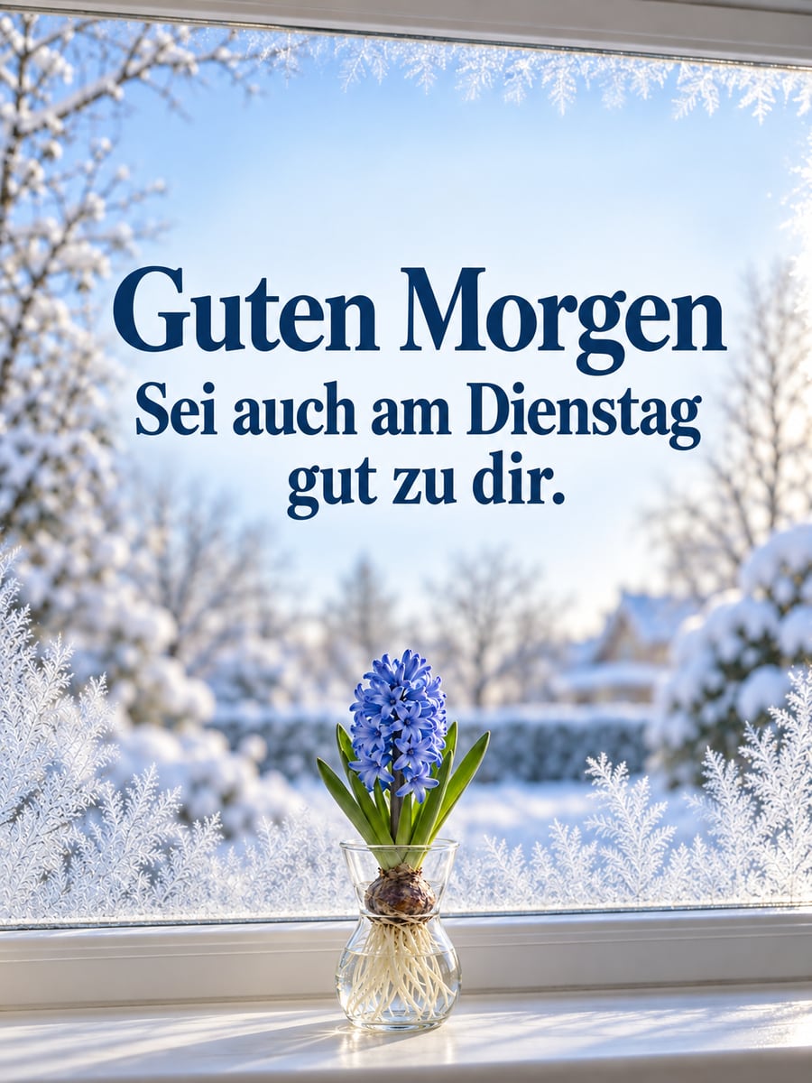 Guten-Morgen-Bild zum Dienstag mit dem Text „Guten Morgen“ und „Sei auch am Dienstag gut zu dir.“ – Motiv: Hyazinthe, Hyazinthenglas, Eisblumen, Fensterbank