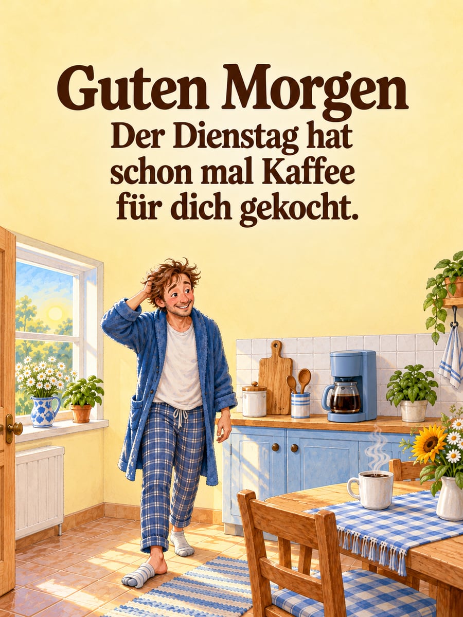 Guten-Morgen-Bild zum Dienstag mit dem Text „Guten Morgen“ und „Der Dienstag hat schon mal Kaffee für dich gekocht.“ – Motiv: Kaffeemaschine, Küche, Verschlafen, Überraschung