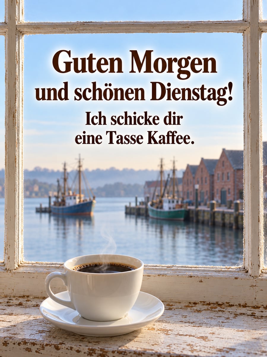 Guten-Morgen-Bild zum Dienstag mit dem Text „Guten Morgen und schönen Dienstag!“ und „Ich schicke dir eine Tasse Kaffee.“ – Motiv: Kaffee, Tasse, Hafen, Fischkutter, Morgennebel
