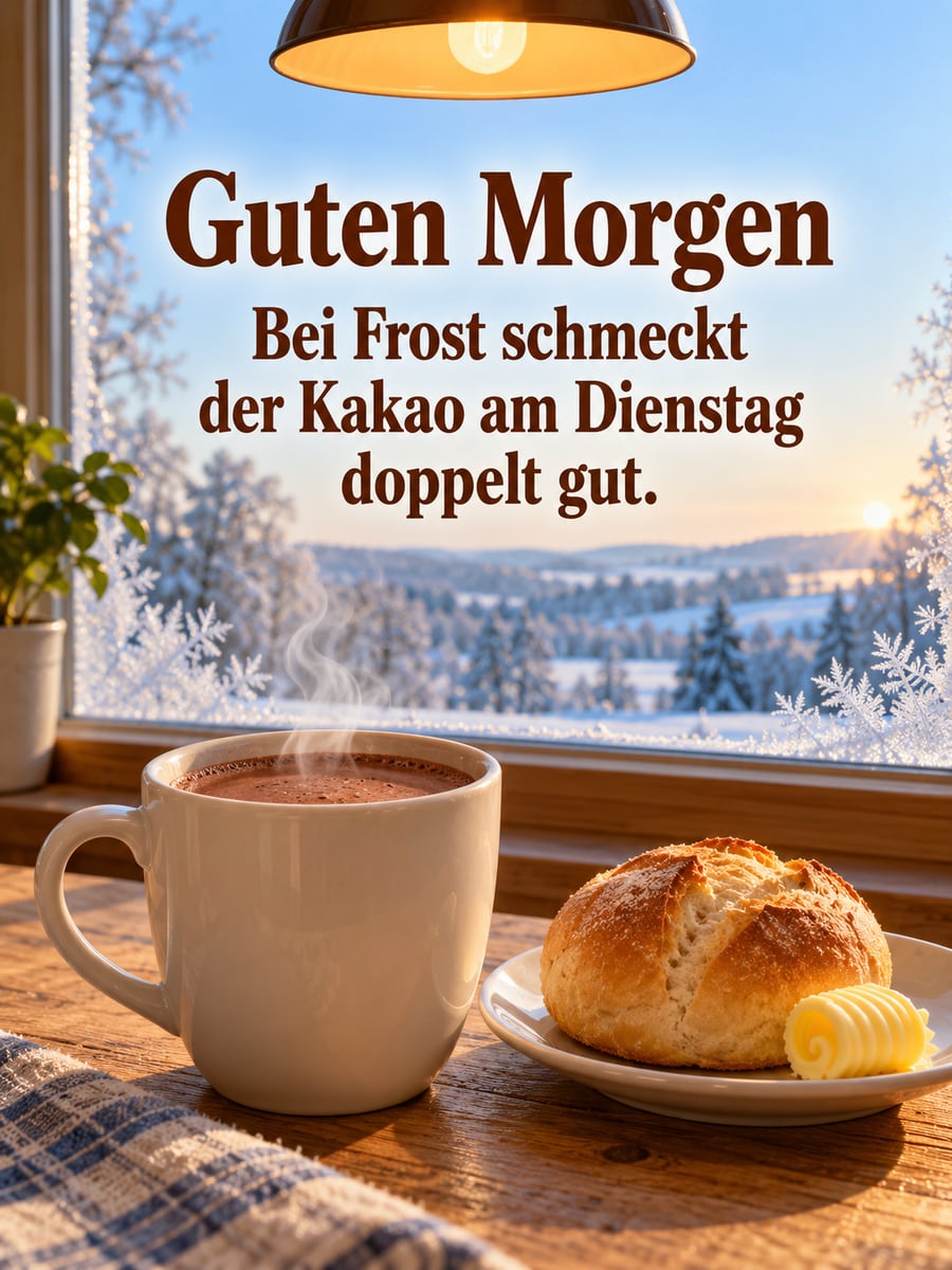 Guten-Morgen-Bild zum Dienstag mit dem Text „Guten Morgen“ und „Bei Frost schmeckt der Kakao am Dienstag doppelt gut.“ – Motiv: Kakao, Eisblumen, Küchenlampe, Brötchen