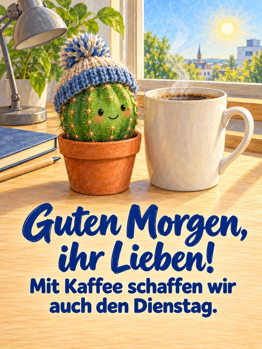 Guten-Morgen-Bild zum Dienstag mit dem Text „Guten Morgen, ihr Lieben!“ und „Mit Kaffee schaffen wir auch den Dienstag.“ – Motiv: Kaktus, Wollmütze, Kaffee, Büro