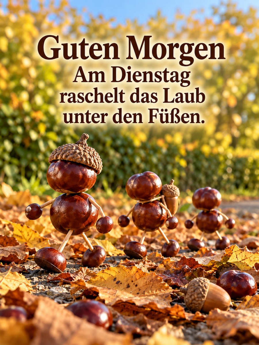 Guten-Morgen-Bild zum Dienstag mit dem Text „Guten Morgen“ und „Am Dienstag raschelt das Laub unter den Füßen.“ – Motiv: Kastanienmännchen, Kastanien, Herbstlaub, Gartenweg