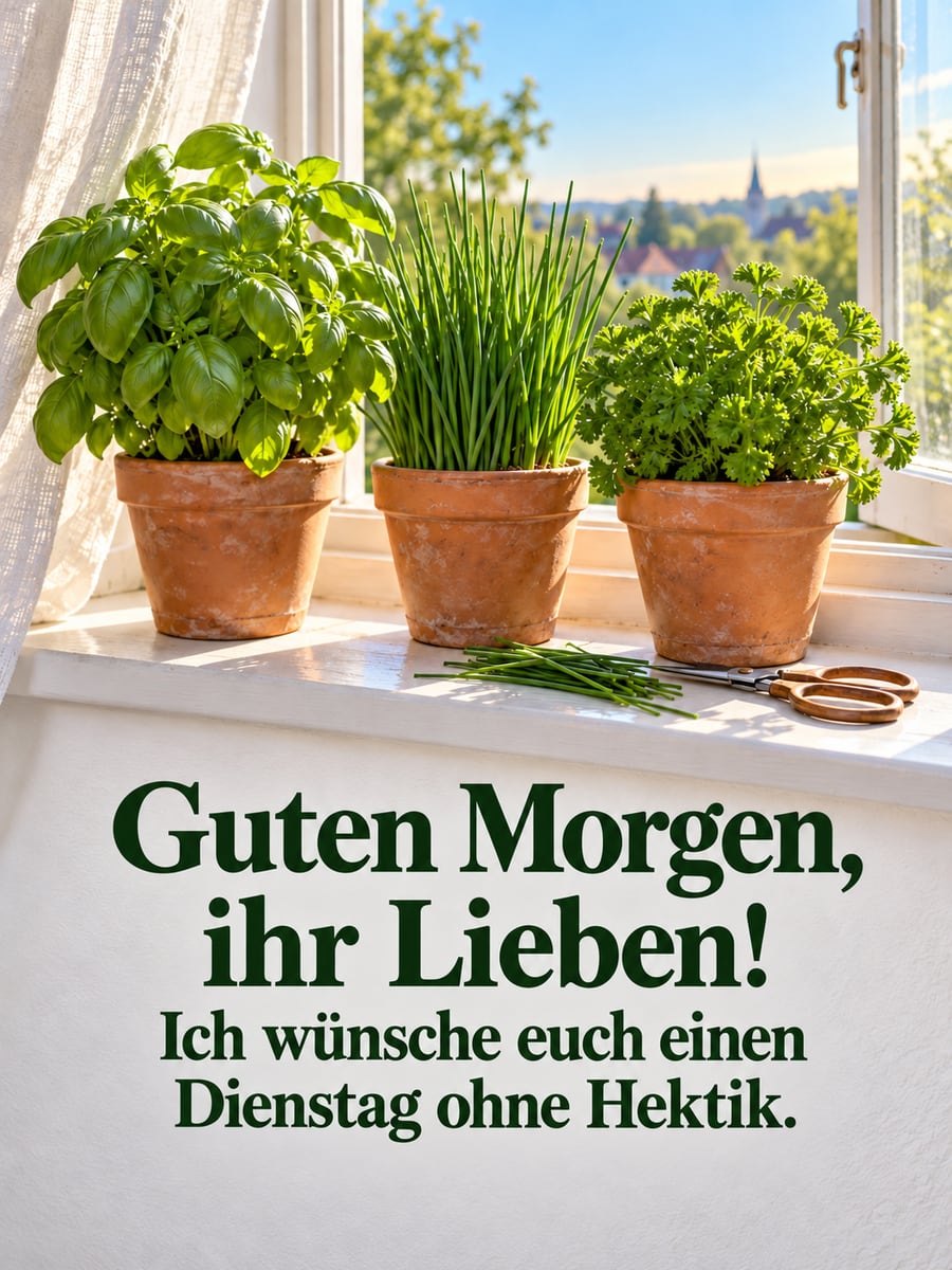 Guten-Morgen-Bild zum Dienstag mit dem Text „Guten Morgen, ihr Lieben!“ und „Ich wünsche euch einen Dienstag ohne Hektik.“ – Motiv: Kräuter, Basilikum, Schnittlauch, Fensterbank
