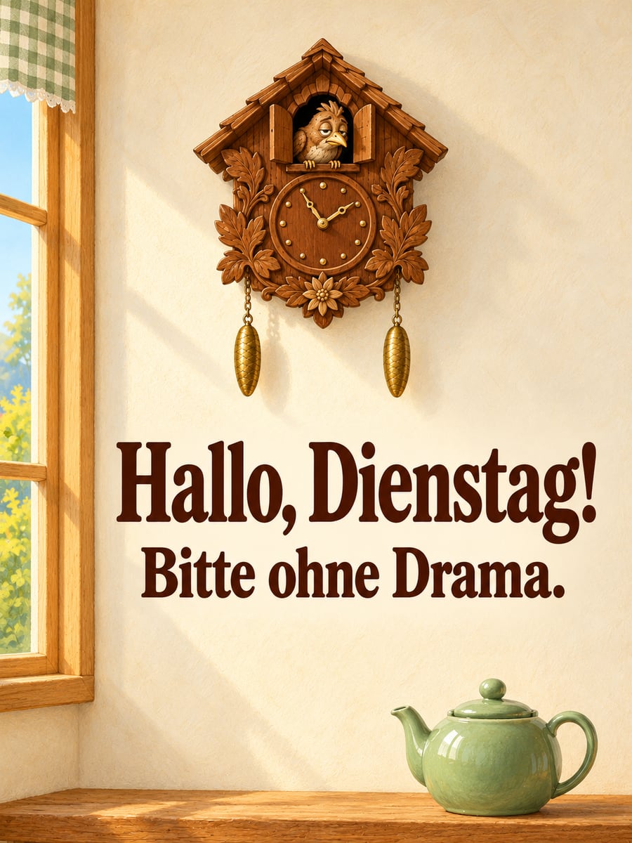 Guten-Morgen-Bild zum Dienstag mit dem Text „Hallo, Dienstag!“ und „Bitte ohne Drama.“ – Motiv: Kuckucksuhr, Kuckuck, Küche, Verschlafen