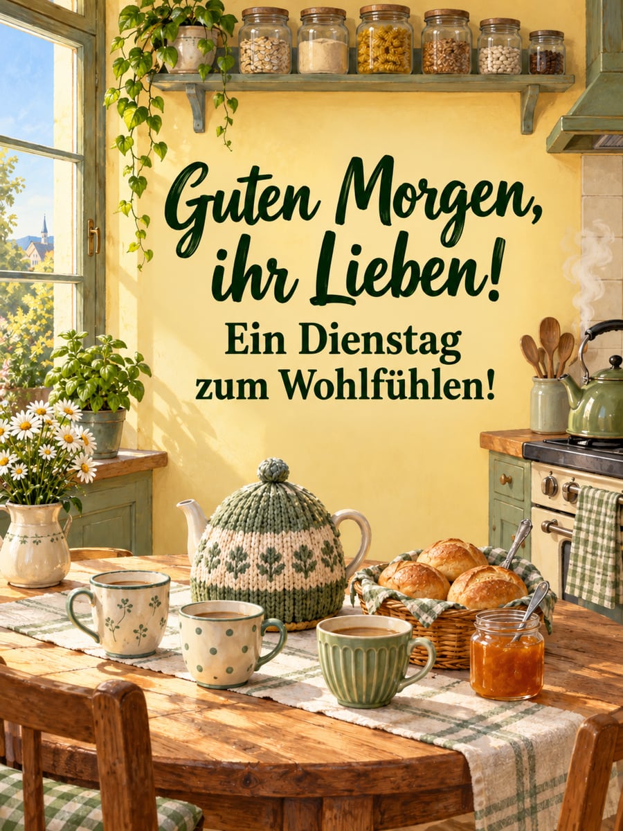 Guten-Morgen-Bild zum Dienstag mit dem Text „Guten Morgen, ihr Lieben!“ und „Ein Dienstag zum Wohlfühlen!“ – Motiv: Küche, Teewärmer, Brötchen, Teekanne