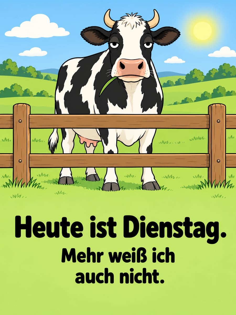 Guten-Morgen-Bild zum Dienstag mit dem Text „Heute ist Dienstag.“ und „Mehr weiß ich auch nicht.“ – Motiv: Kuh, Weide, Zaun, Ratlos