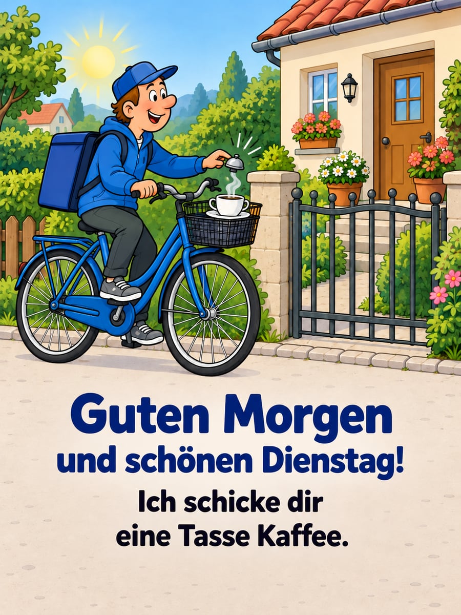 Guten-Morgen-Bild zum Dienstag mit dem Text „Guten Morgen und schönen Dienstag!“ und „Ich schicke dir eine Tasse Kaffee.“ – Motiv: Kurier, Fahrrad, Kaffee, Gartentor