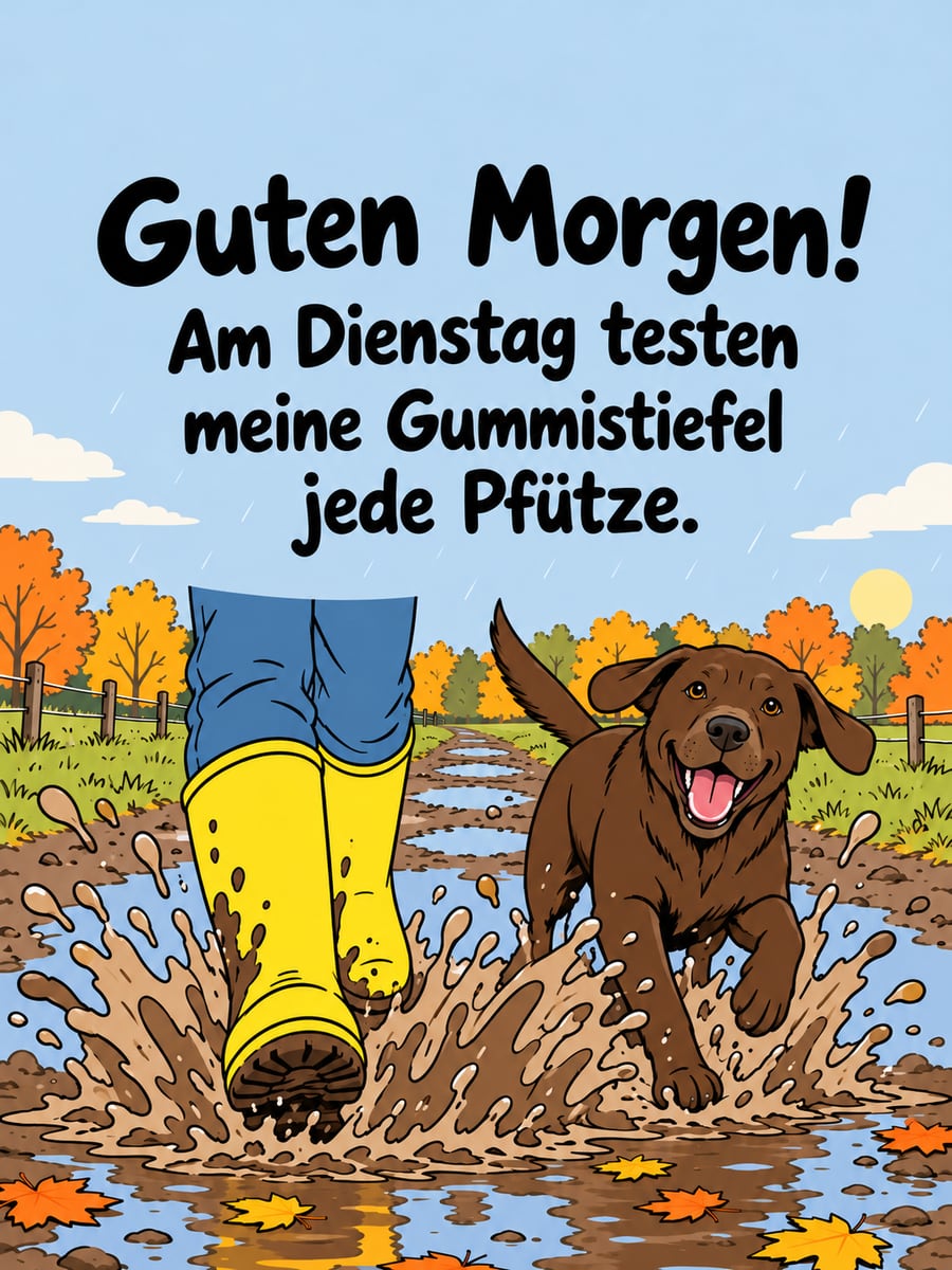 Guten-Morgen-Bild zum Dienstag mit dem Text „Guten Morgen!“ und „Am Dienstag testen meine Gummistiefel jede Pfütze.“ – Motiv: Gummistiefel, Pfütze, Labrador, Herbstregen