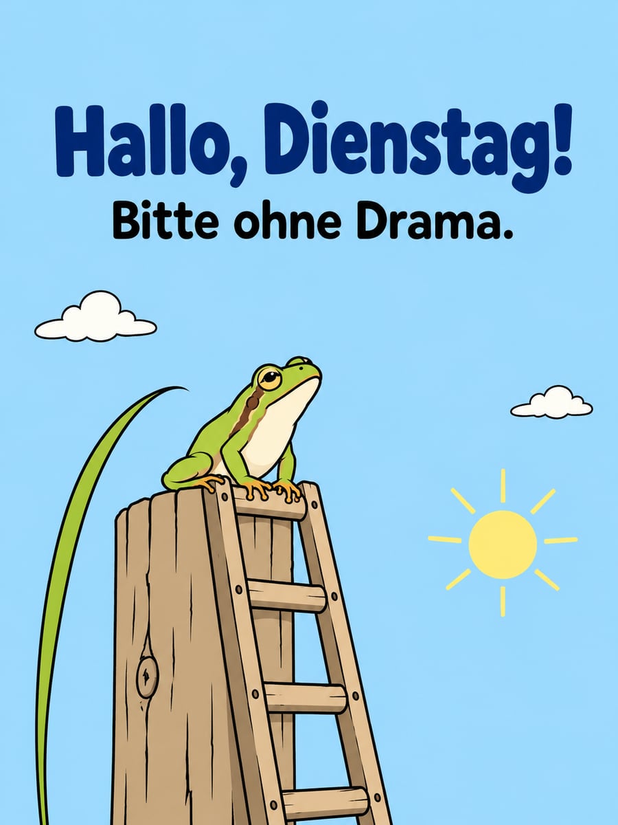 Guten-Morgen-Bild zum Dienstag mit dem Text „Hallo, Dienstag!“ und „Bitte ohne Drama.“ – Motiv: Laubfrosch, Wetterfrosch, Leiter, Wetter