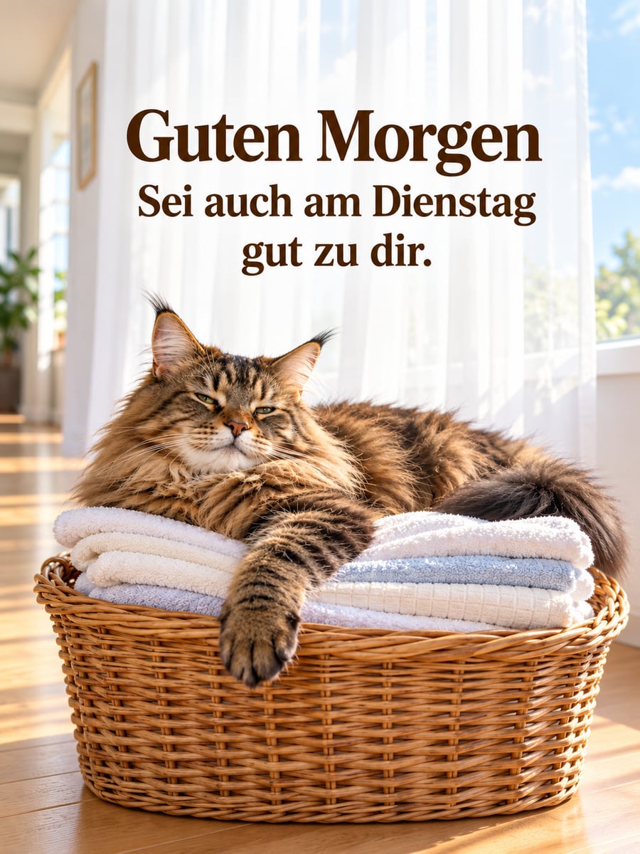 Guten-Morgen-Bild zum Dienstag mit dem Text „Guten Morgen“ und „Sei auch am Dienstag gut zu dir.“ – Motiv: Maine-Coon-Katze, Handtücher, Wäschekorb, Morgenlicht