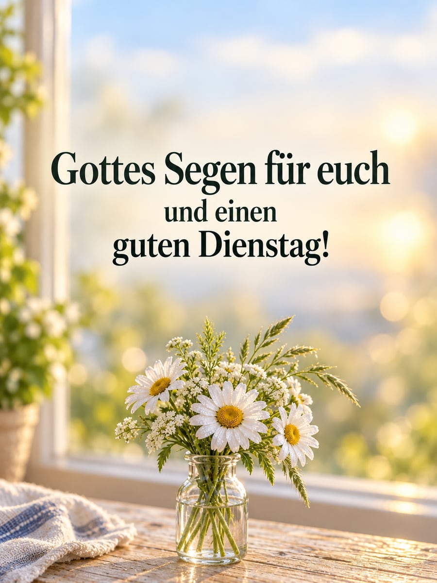 Guten-Morgen-Bild zum Dienstag mit dem Text „Gottes Segen für euch und einen guten Dienstag!“ – Motiv: Margeriten, Blumenstrauß, Morgenlicht, Segen