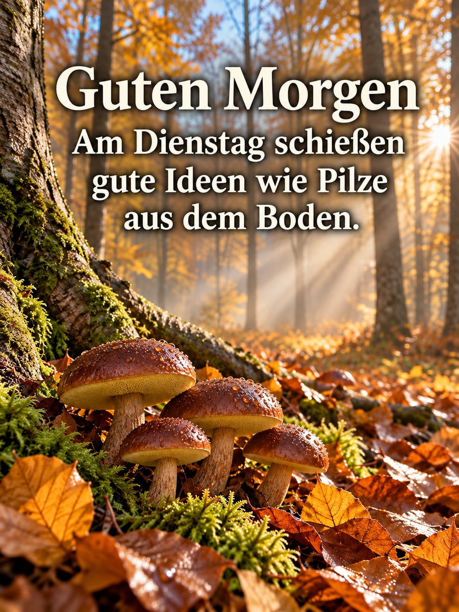 Guten-Morgen-Bild zum Dienstag mit dem Text „Guten Morgen“ und „Am Dienstag schießen gute Ideen wie Pilze aus dem Boden.“ – Motiv: Pilze, Maronenröhrling, Buchenwald, Moos, Sonnenstrahlen