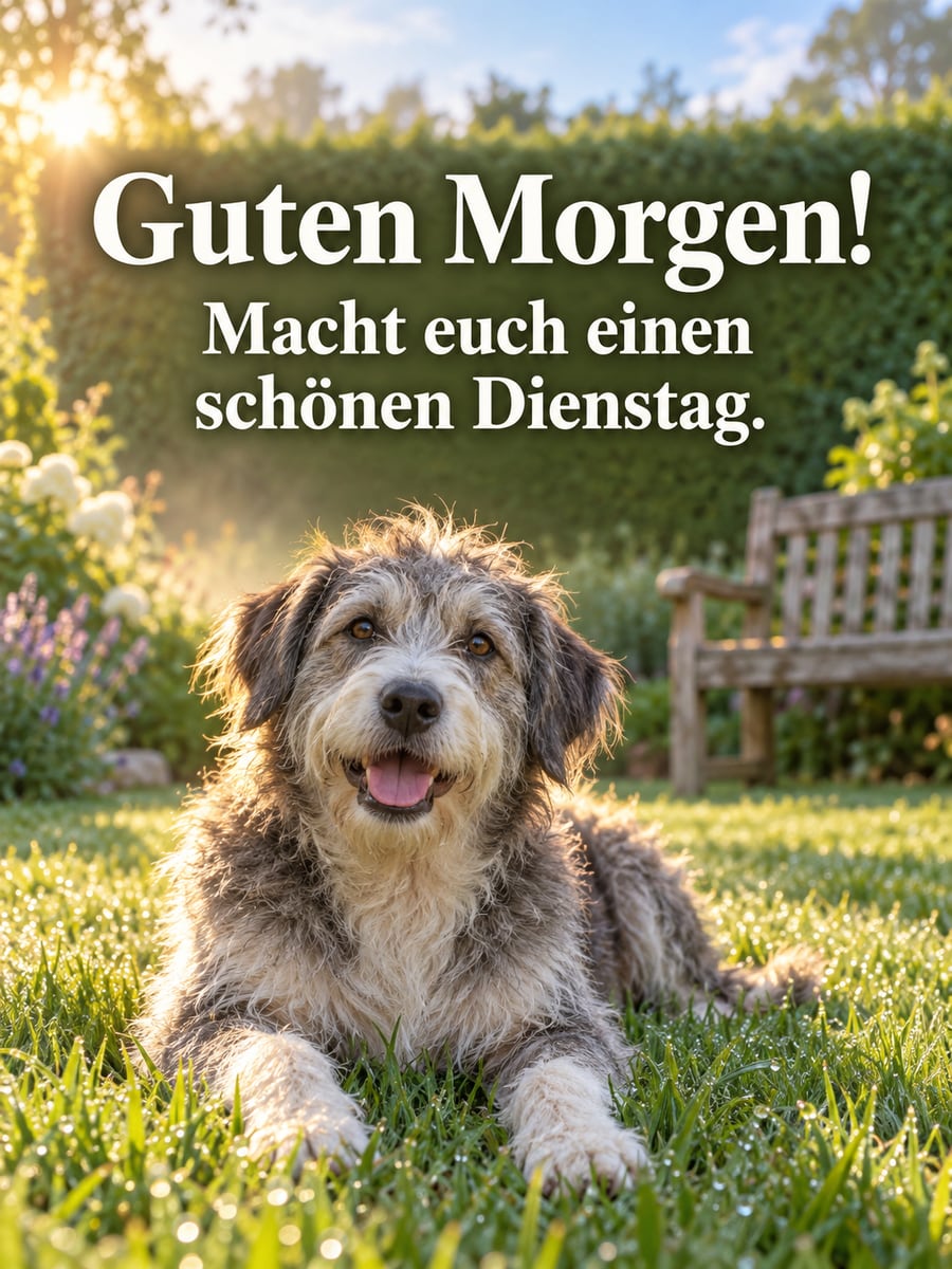Guten-Morgen-Bild zum Dienstag mit dem Text „Guten Morgen!“ und „Macht euch einen schönen Dienstag.“ – Motiv: Hund, Mischling, Morgentau, Garten