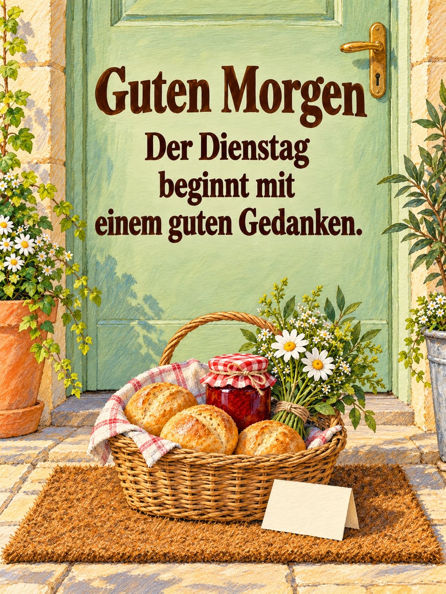Guten-Morgen-Bild zum Dienstag mit dem Text „Guten Morgen“ und „Der Dienstag beginnt mit einem guten Gedanken.“ – Motiv: Nachbarschaft, Marmelade, Brötchen, Haustür