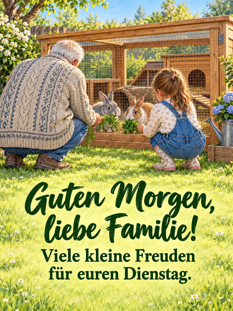 Guten-Morgen-Bild zum Dienstag mit dem Text „Guten Morgen, liebe Familie!“ und „Viele kleine Freuden für euren Dienstag.“ – Motiv: Zwergkaninchen, Opa, Enkelin, Garten