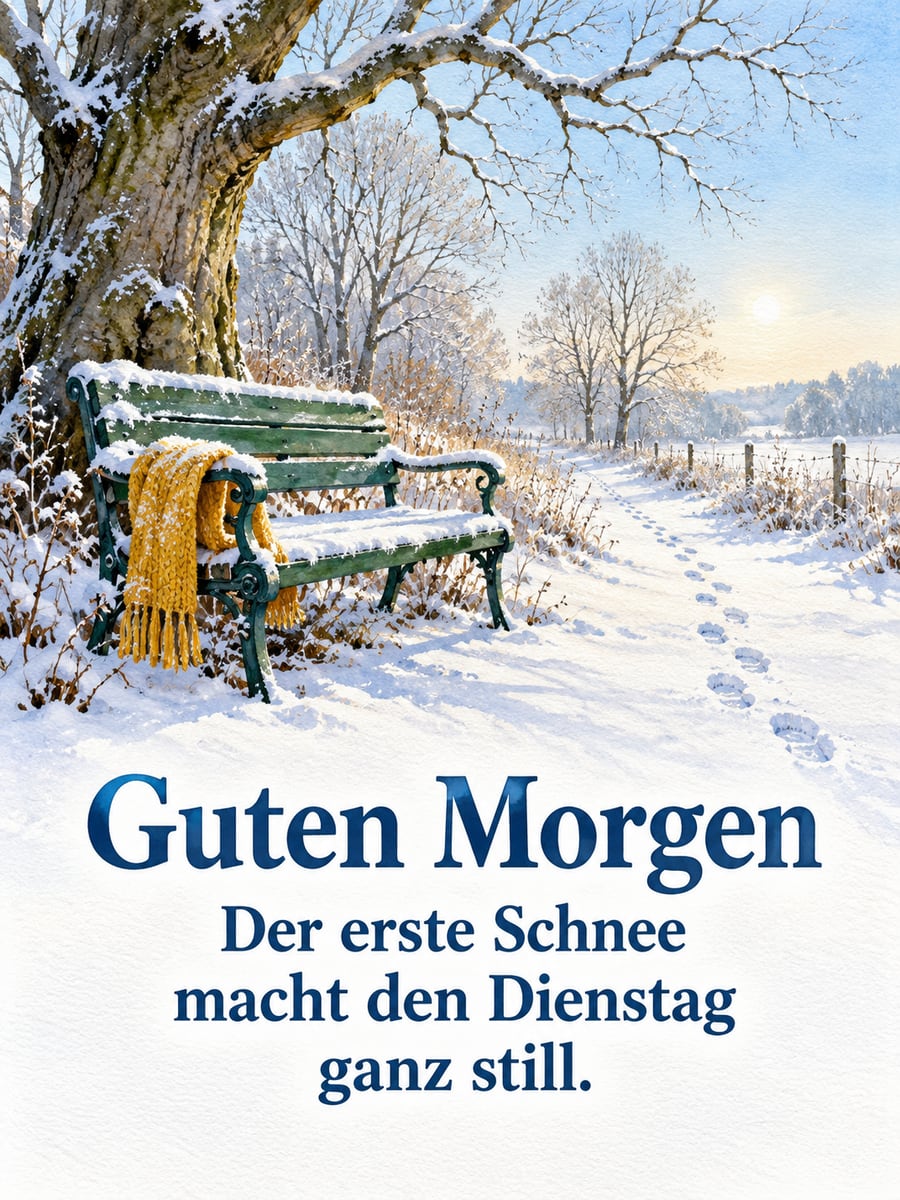 Guten-Morgen-Bild zum Dienstag mit dem Text „Guten Morgen“ und „Der erste Schnee macht den Dienstag ganz still.“ – Motiv: Parkbank, Erster Schnee, Schal, Fußspuren