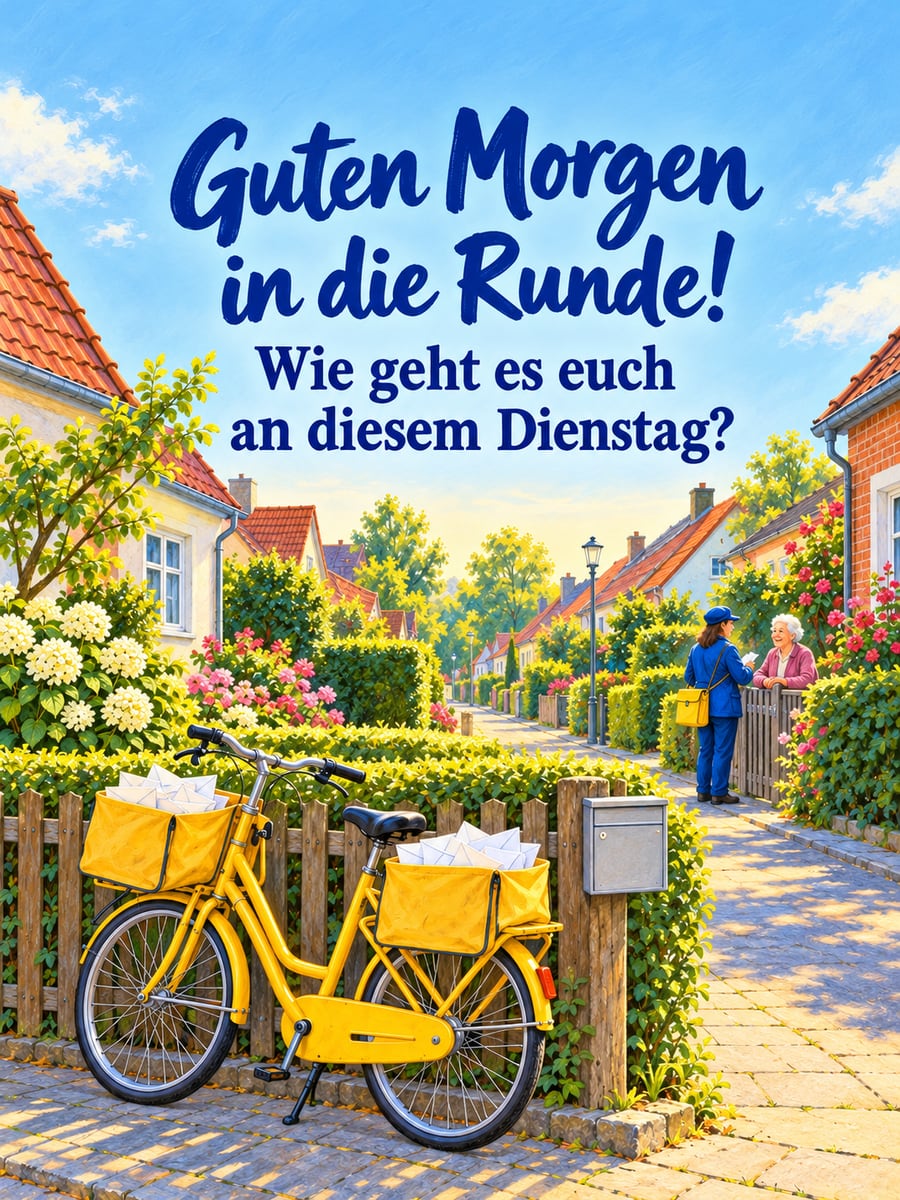 Guten-Morgen-Bild zum Dienstag mit dem Text „Guten Morgen in die Runde!“ und „Wie geht es euch an diesem Dienstag?“ – Motiv: Postfahrrad, Briefkasten, Nachbarschaft, Vorgärten