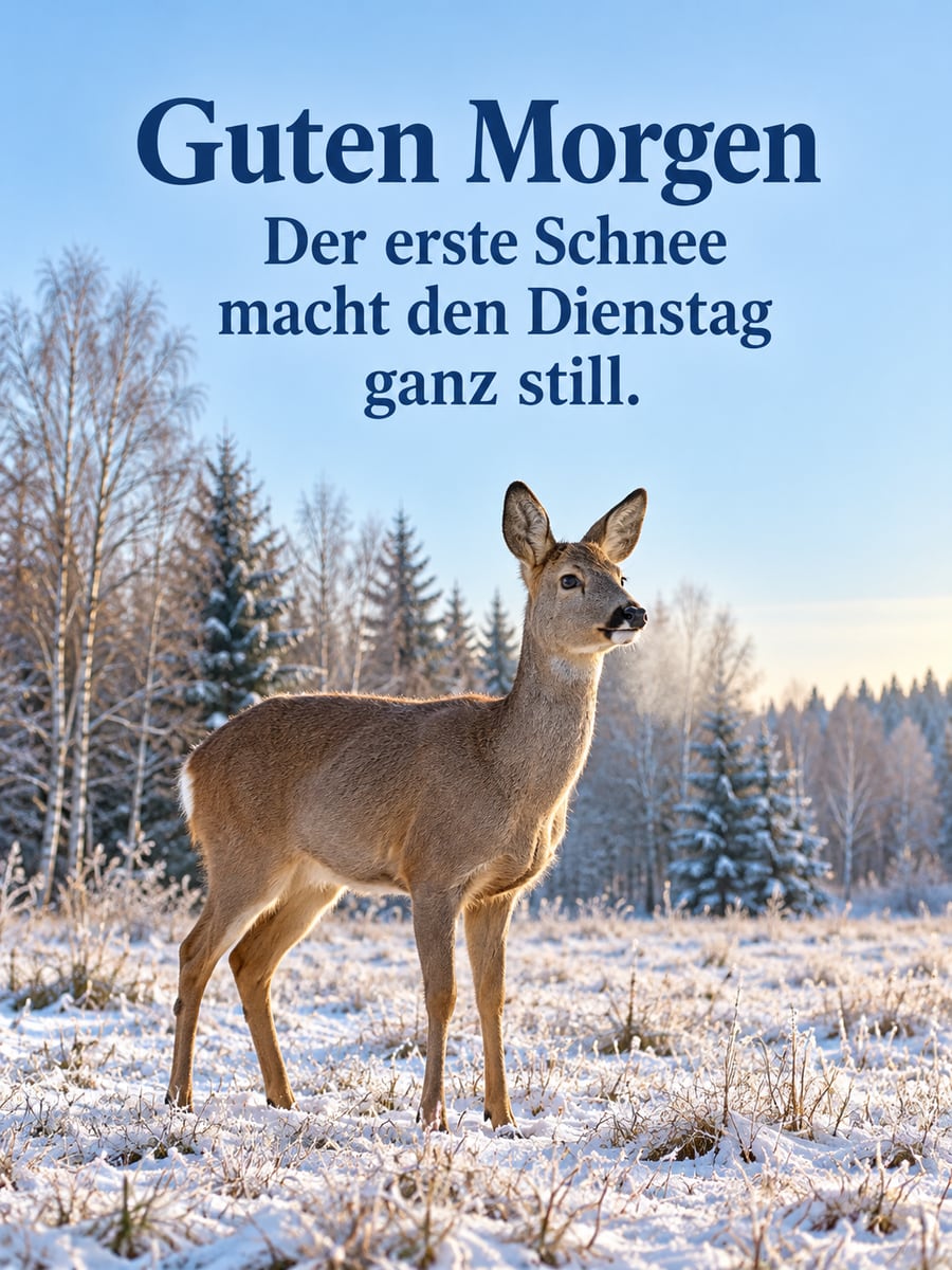 Guten-Morgen-Bild zum Dienstag mit dem Text „Guten Morgen“ und „Der erste Schnee macht den Dienstag ganz still.“ – Motiv: Reh, Erster Schnee, Waldrand, Winterstille