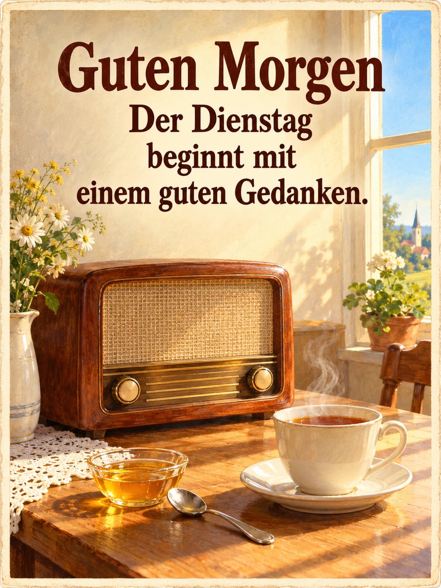 Guten-Morgen-Bild zum Dienstag mit dem Text „Guten Morgen“ und „Der Dienstag beginnt mit einem guten Gedanken.“ – Motiv: Röhrenradio, Tee, Honig, Küchentisch