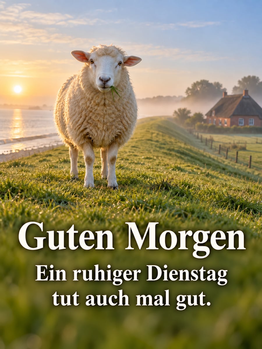 Guten-Morgen-Bild zum Dienstag mit dem Text „Guten Morgen“ und „Ein ruhiger Dienstag tut auch mal gut.“ – Motiv: Schaf, Deich, Nordsee, Morgennebel
