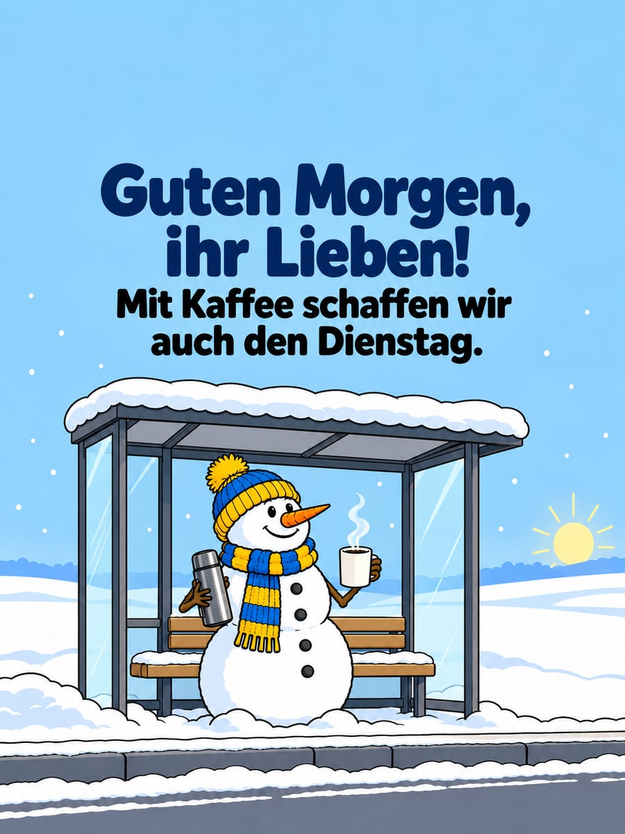 Guten-Morgen-Bild zum Dienstag mit dem Text „Guten Morgen, ihr Lieben!“ und „Mit Kaffee schaffen wir auch den Dienstag.“ – Motiv: Schneemann, Bushaltestelle, Kaffee, Thermoskanne