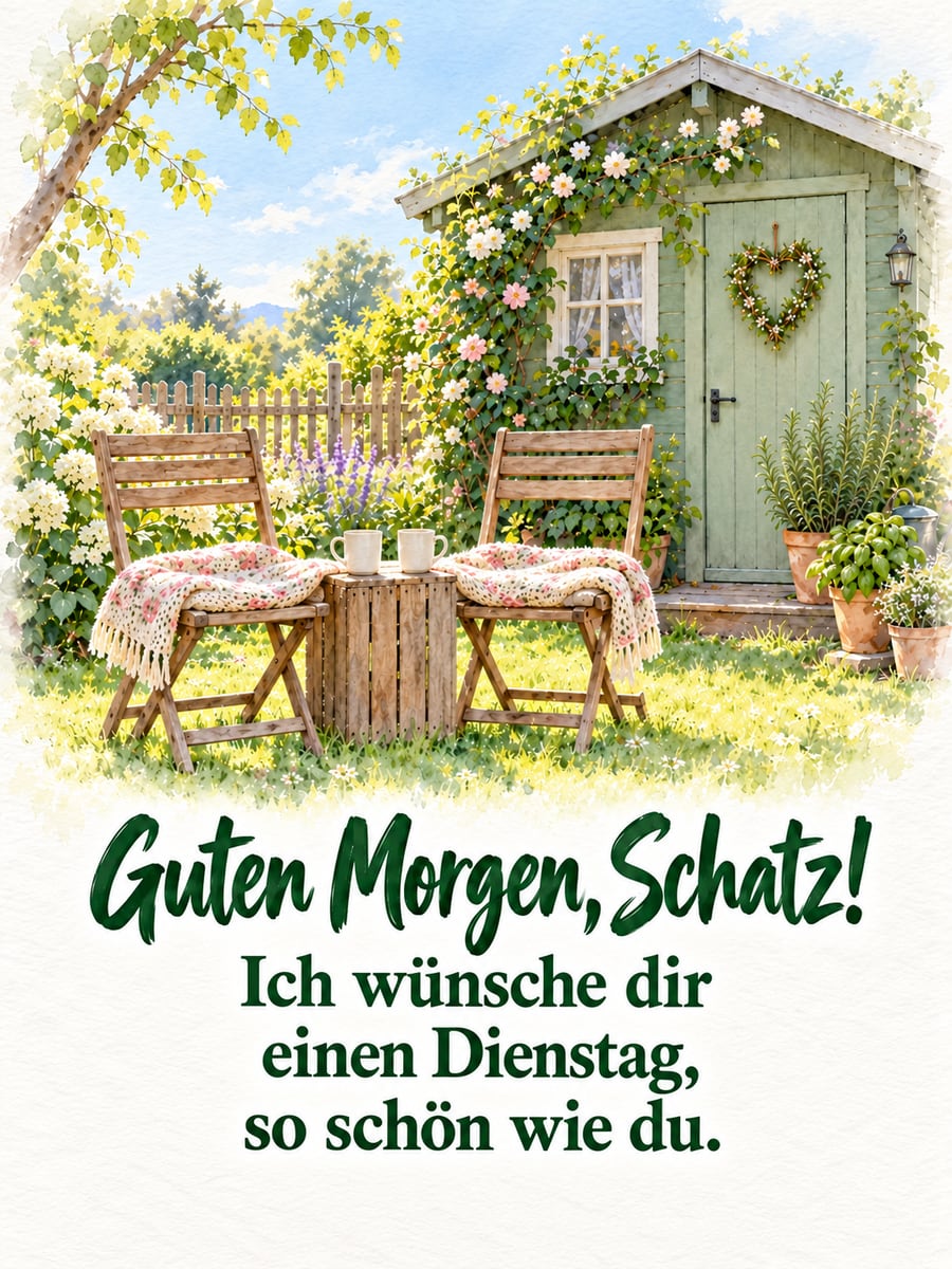 Guten-Morgen-Bild zum Dienstag mit dem Text „Guten Morgen, Schatz!“ und „Ich wünsche dir einen Dienstag, so schön wie du.“ – Motiv: Schrebergarten, Klappstühle, Decke, Zweisamkeit