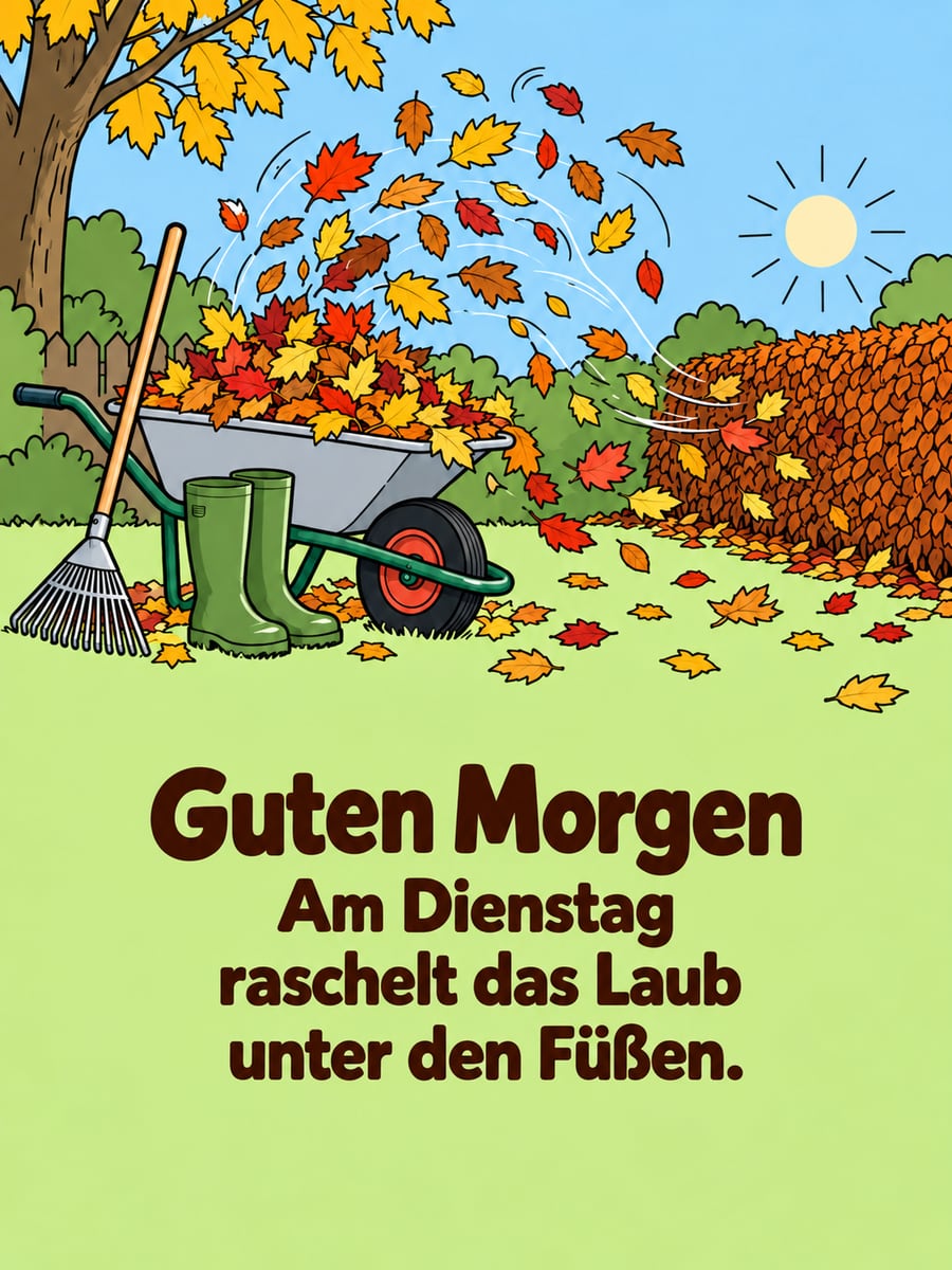 Guten-Morgen-Bild zum Dienstag mit dem Text „Guten Morgen“ und „Am Dienstag raschelt das Laub unter den Füßen.“ – Motiv: Schubkarre, Laub, Wind, Rechen
