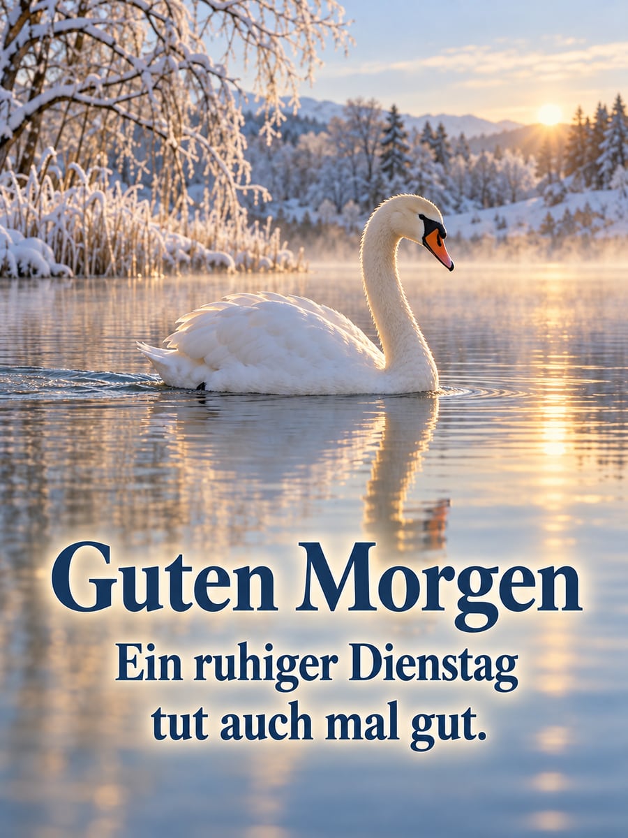 Guten-Morgen-Bild zum Dienstag mit dem Text „Guten Morgen“ und „Ein ruhiger Dienstag tut auch mal gut.“ – Motiv: Schwan, Wintersee, Schilf, Morgennebel