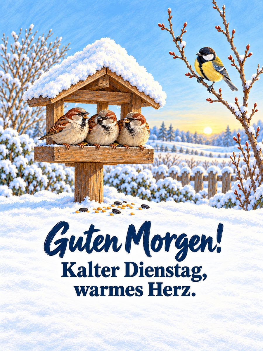 Guten-Morgen-Bild zum Dienstag mit dem Text „Guten Morgen!“ und „Kalter Dienstag, warmes Herz.“ – Motiv: Spatzen, Kohlmeise, Futterhaus, Schnee