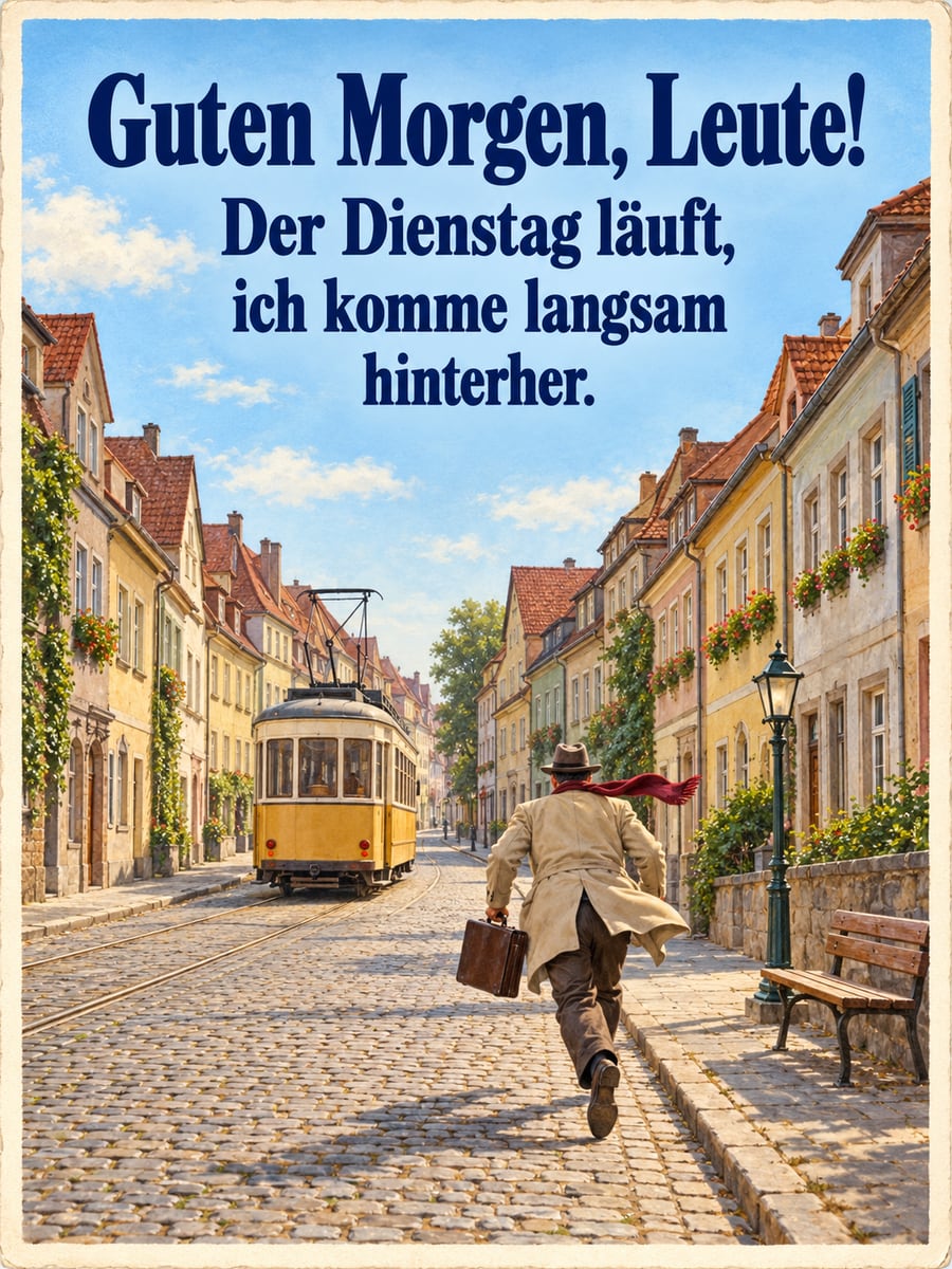 Guten-Morgen-Bild zum Dienstag mit dem Text „Guten Morgen, Leute!“ und „Der Dienstag läuft, ich komme langsam hinterher.“ – Motiv: Straßenbahn, Aktentasche, Kopfsteinpflaster, Verspätung